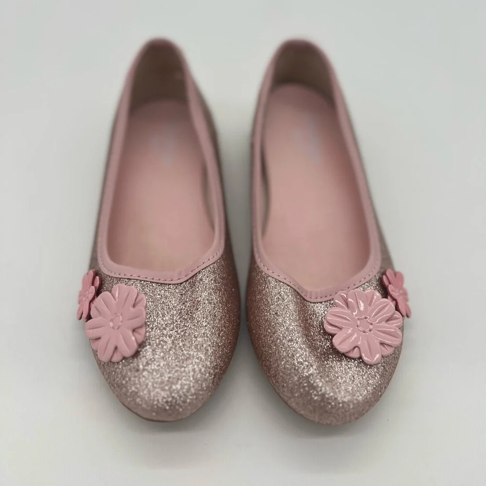 Oshkosh Girl Silver Shoes Flat Pink Flowers 12T M